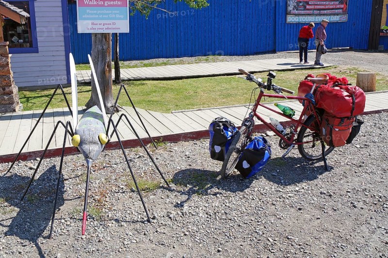 Bicycle with luggage next to an oversized mosquito, Carcross, Yukon Territory, Canada, North America
