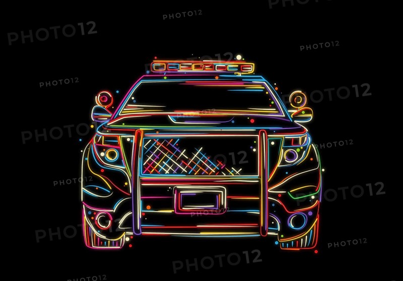 Police car, front view. Hand drawn vector illustration in colors