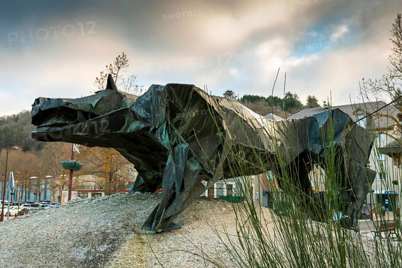 Marvejols. The statue of the Beast of Gévaudan by Emmanuel Auricoste. Lozere. Occitanie. France