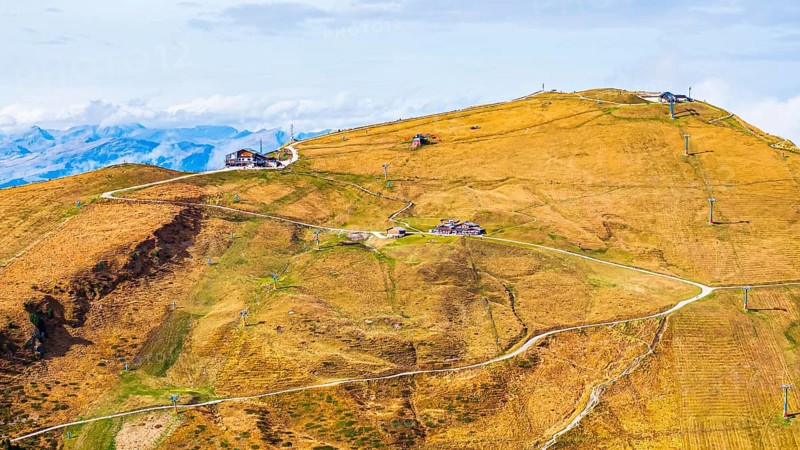 Summit station of the Seceda cable car, Sofie hut, drone shot, Val Gardena, Dolomites, Autonomous Province of Bolzano, South Tyrol, Italy, Europe
