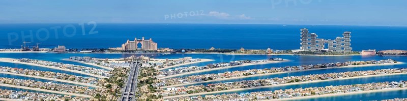 The Palm Jumeirah with Atlantis Hotels panorama artificial island from above in Dubai, United Arab Emirates, Asia