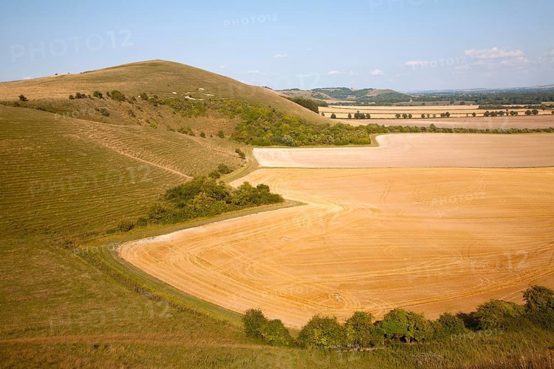 Steep chalk scarp slope and the Vale of Pewsey looking east from near Alton Barnes, Wiltshire, England, UK