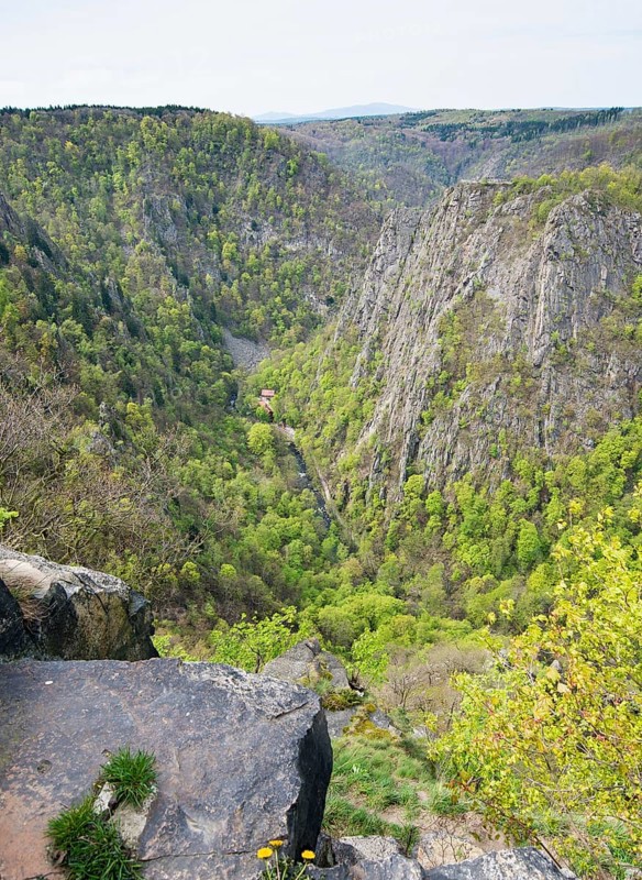 Deep gorge surrounded by forest and steep rock faces, view from the Hexentanzplatz Thale into the Bodetal, settlement and excursion inn Königsruhe in the depth of the gorge, spring, spring, Harz district, Eastern Harz, Saxony-Anhalt, Germany, Europe
