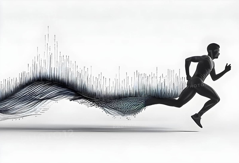 Wave of data points shaping into a runners silhouette, abstract illustration in black and white, conveying speed and precision guided by AI, AI generated