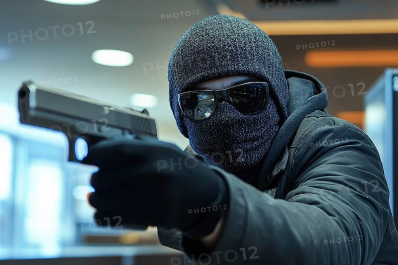 Bank robber with face hidden behind ski mask and sunglasses with gun. Generative Ai, AI generated