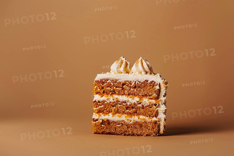 Slice of layered carrot cream cake on orange background. Generative Ai, AI generated