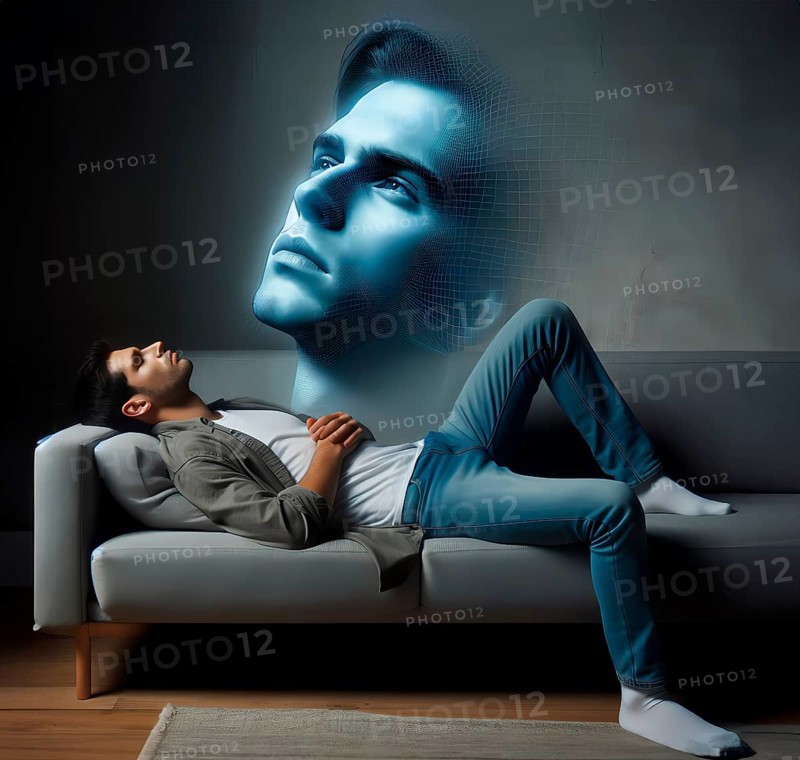 Mysticism, near-death experience, dream, psychology, a young man floats as a traumatic apparition above his image, AI generated, AI generated