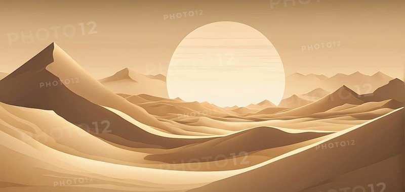 Abstract desert scene with triangular sand dunes and a single circular sun, using sharp lines and subtle gradients in neutral earth tones, AI generated