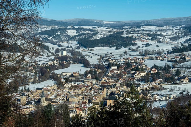 Malzieu-ville in winter labelled Les Plus Beaux Villages de France, Margeride. Lozere department. Occitanie. France