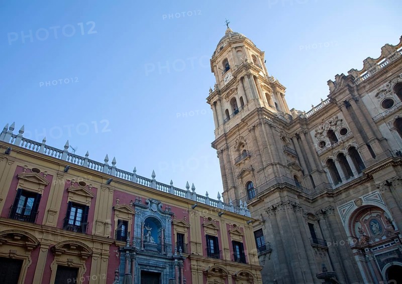 Bell tower Baroque architecture exterior of the cathedral church of Malaga city, Spain, Santa Iglesia Catedral Basílica de la Encarnación, Europe