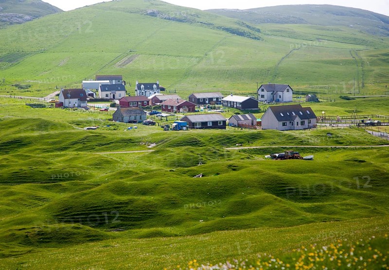 Houses in the crofting settlement village of Bhatarsaigh, Vatersay, Barra, Outer Hebrides, Scotland, UK