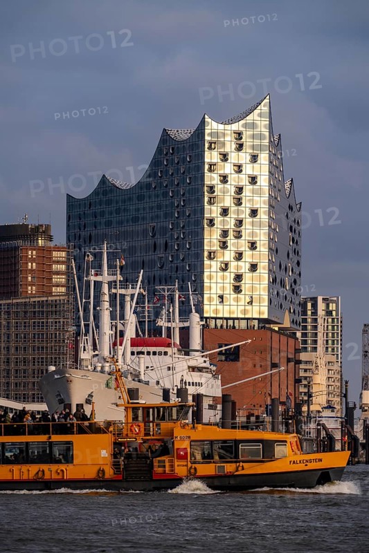 Port of Hamburg, museum ship Cap San Diego at the St. Pauli Landungsbrücken, Elbe Philharmonic Hall, Hadag harbour ferry, Hamburg, Germany, Europe