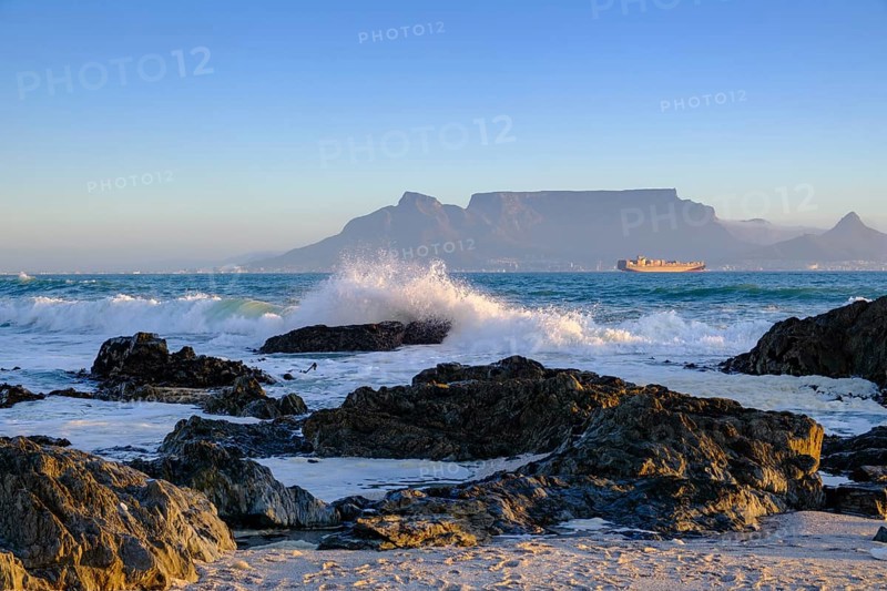 From Bloubergstrand to the silhouette of Cape Town, Cape Town, with Table Mountain, Cape Town, Western Cape, South Africa, Africa