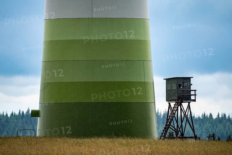 Wind power plant, mast, high stand for hunters, GLS Windpark, ENERCON E-101, 135 metre hub height, in the North Eifel, near Schleiden, North Rhine-Westphalia, Germany, Europe