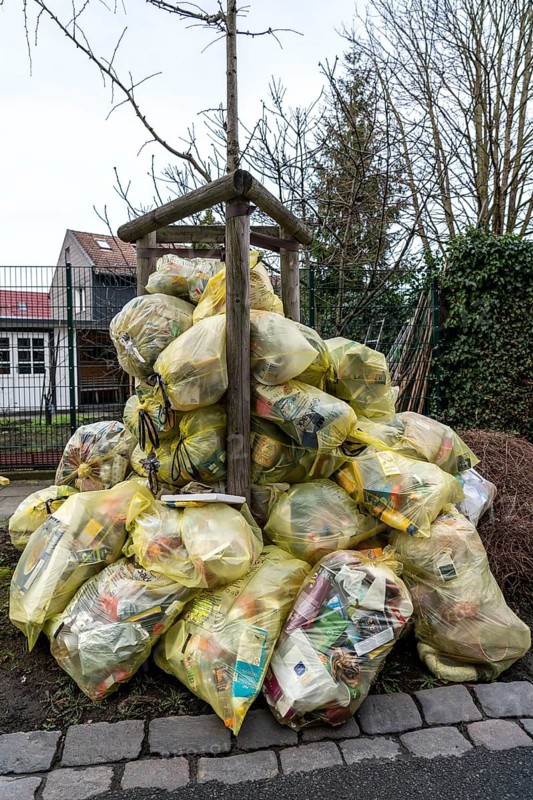 Yellow bags, stacked in a residential street, by a tree, waiting to be collected by a waste disposal company, recyclable household waste, part of the Dual System, Herne, North Rhine-Westphalia, Germany, Europe