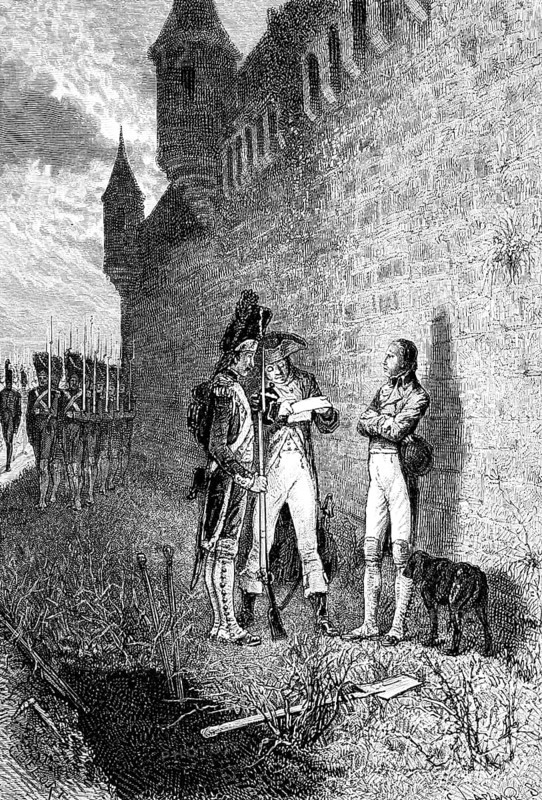 Shooting of the Bourbon Duke of Enghien 1804 at the Château de Vincennes, castle, fortress, Île-de-France region, Napoleon, soldiers, guns, reading charge, ditch, dog, wall, military, France, historical illustration 1882, Europe