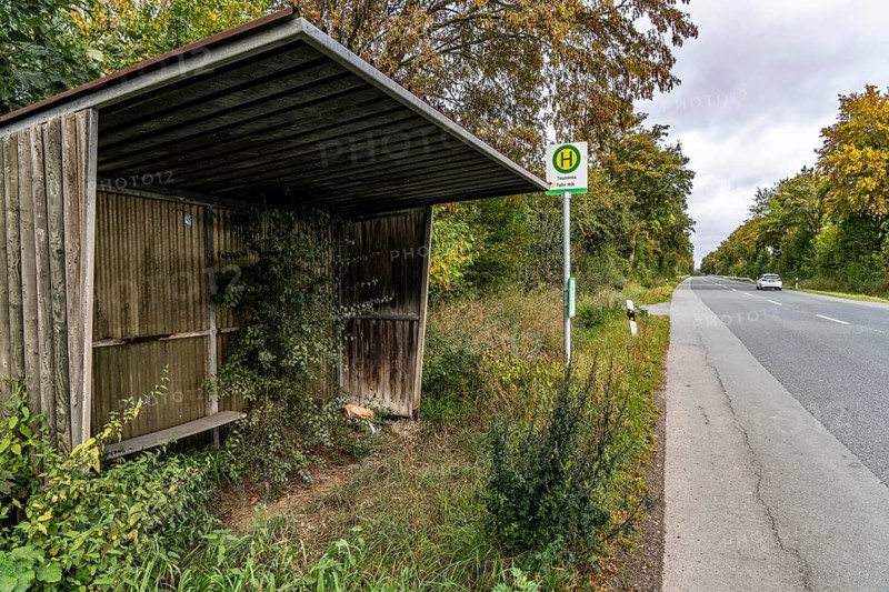 Bus stop in the countryside, on the L828, on Eggestraße, neglected bus shelter, line to Willebadessen, Ostwestfalen Lippe, bus route 541, bus stop Teutonia, Verkehrsverbund fahr mit - Mobil im Hochstift, North Rhine-Westphalia, Germany, Europe