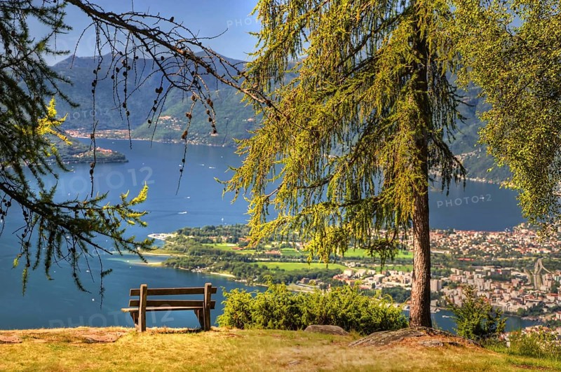 Bench with Panoramic View over an Alpine Lake Maggiore with Mountain in a Sunny Summer Day in Locarno and Ascona, Ticino, Switzerland, Europe