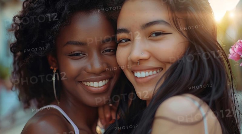 Interracial lesbian LGBTQ couple with long hair and smiling. Concept of inclusivity, AI generated