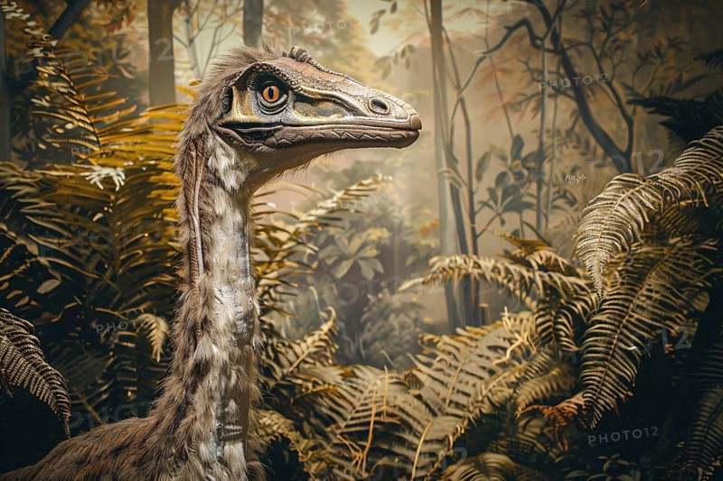 Close up of Gallimimus dinosaur in forest. Generative Ai, AI generated