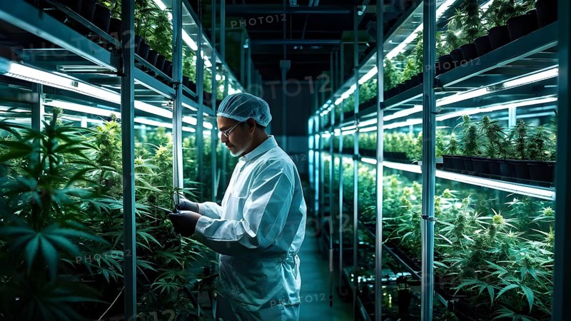 Cannabis cultivation facility in flourishing condition neatly arranged rows of vibrant green plants, AI generated