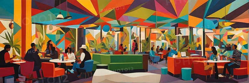 Abstract composition of a cannabis cafe with ambiance bold contrasting colors and playful shapes, AI generated