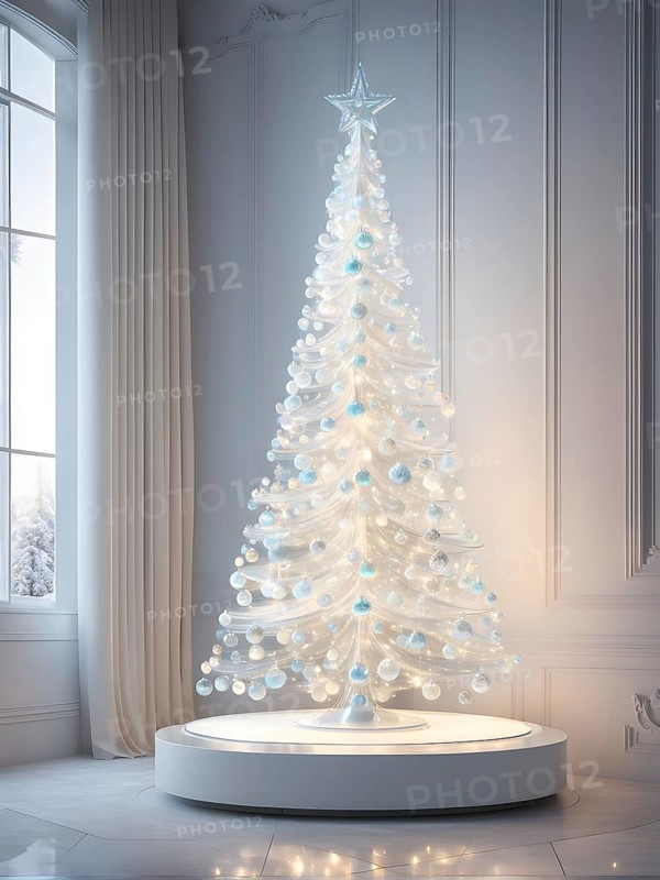 A three dimensional rendering of a futuristic Christmas tree made of glowing, semi-transparent glass, AI generated