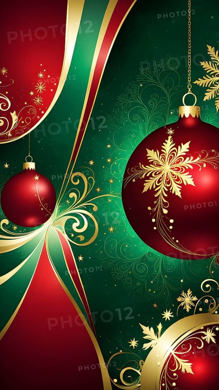Abstract wallpaper illustration of Christmas symbols for gift cards, swirling shapes and lines, in red green and golden colors, AI generated