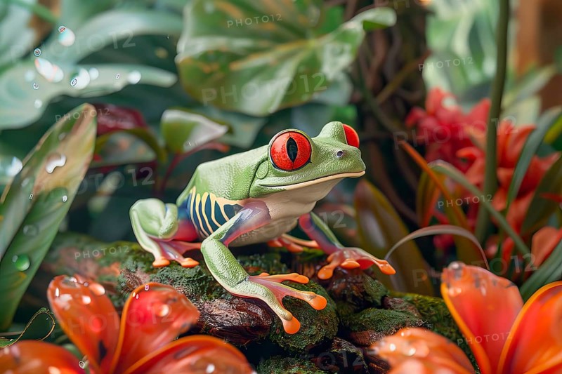 Red eyed tree frog, Ranoidea chloris, on leaves, Australia, AI generated, Oceania
