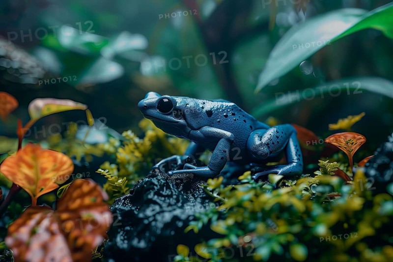 Blue poison dart frog on leaves, AI generated