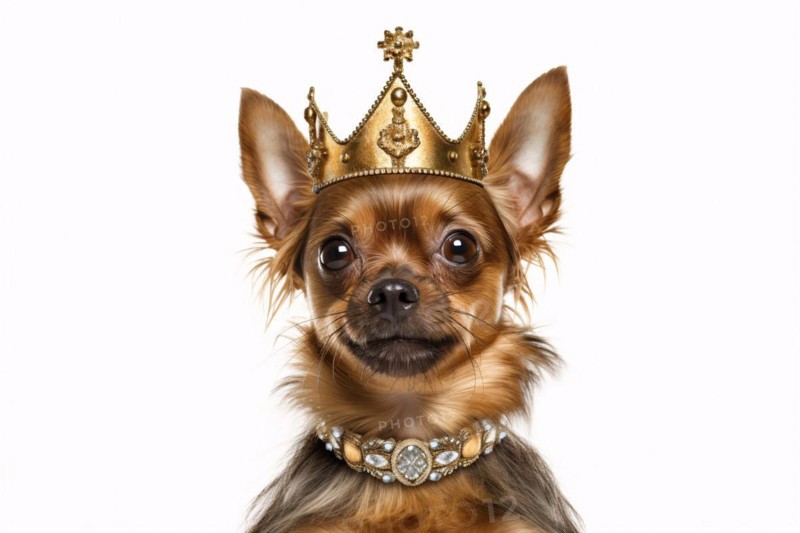 Funny dog with large golden crown and necklace on white studio background. KI generiert, generiert, AI generated