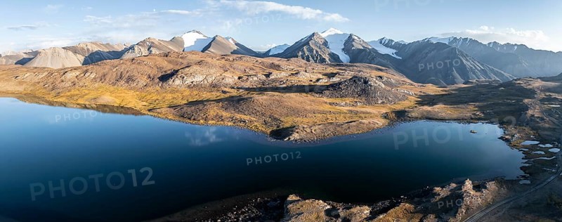Aerial view, mountain peak and mountain lake, evening mood, Arabel Lake at Arabel Pass, Issyk Kul Province, Kyrgyzstan, Asia