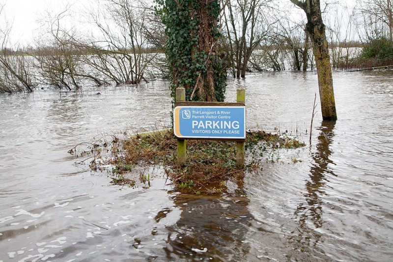 Flooding on the Somerset Levels, England in February 2014, car park under water at Langport