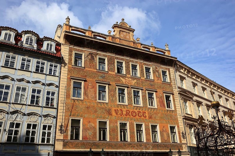 The façade of the former Rott metal goods shop on the Small Square in the Old Town, Prague, Czech Republic, painted with allegorical figures of craftsmen and farmers, Europe