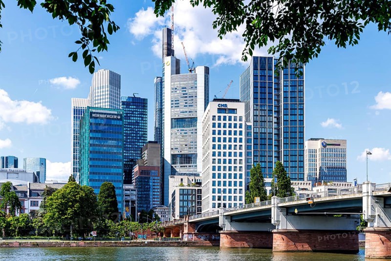 Skyline with skyscrapers in the city centre, river Main and Untermainbrücke in Frankfurt, Germany, Europe