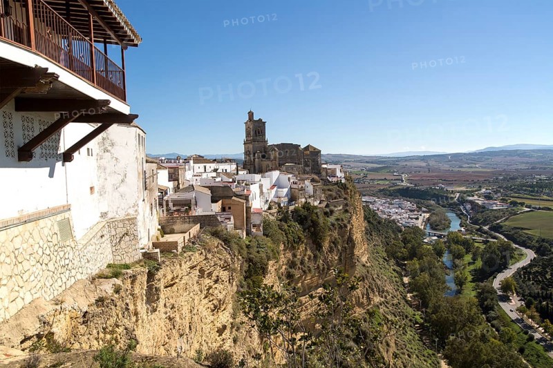 Cliff top buildings church of San Pedro, village of Arcos de la Frontera, Cadiz province, Spain, Europe