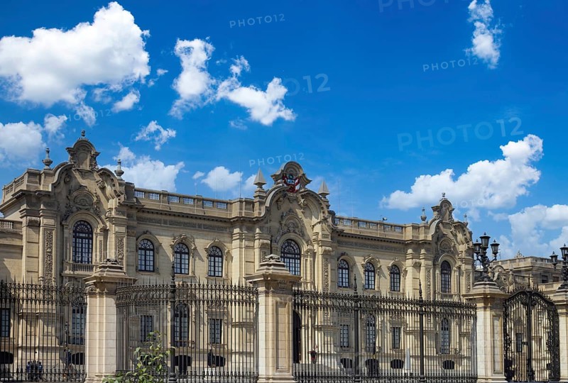 Lima, Peru, Government Palace on colonial Central plaza Mayor or Plaza de Armas in historic center, South America