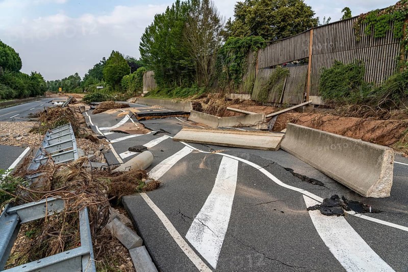 Flood on the Erft, here the federal road B265 destroyed by the water, Erftstadt, North Rhine-Westphalia, Germany, Europe