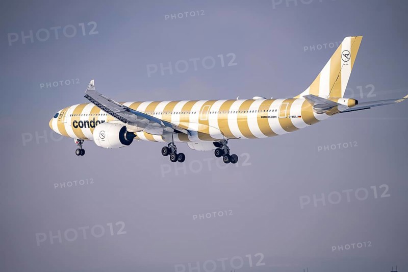 Condor Airbus A330-900 approaching Frankfurt FRA Airport, Fraport, in winter, Hesse, Germany, Europe