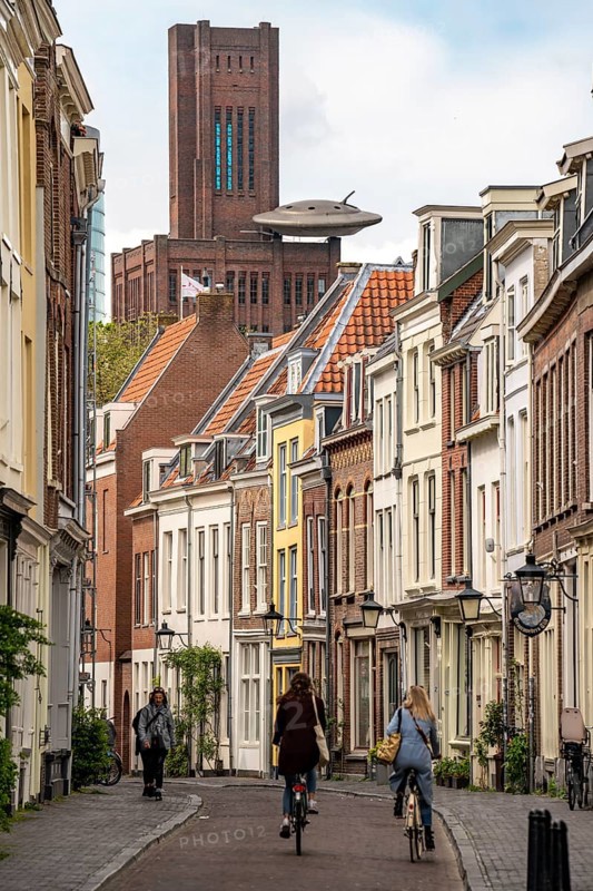 Utrecht, Netherlands, historic city centre, Haverstraat, old town houses, lanterns, residential buildings, in the background building Inktpot, highest brick building in the Netherlands, office building, UFO on the roof, object of a former exhibition