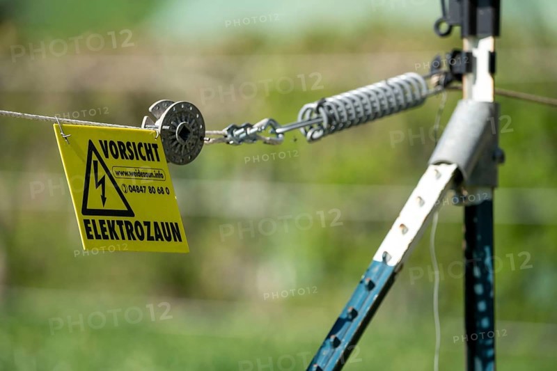 Electric fence on a pasture, warning sign, electric shock