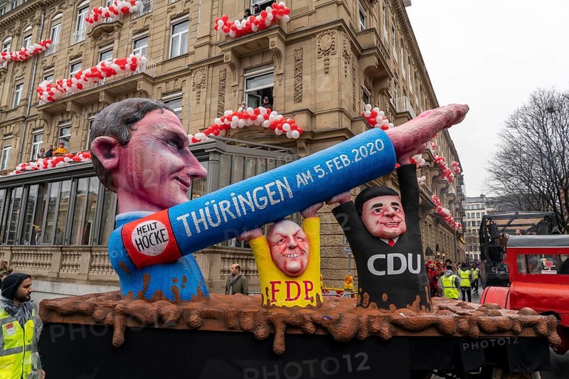 Rose Monday parade in Düsseldorf, street carnival, carnival float by float builder Jacques Tilly, AFD leader Höcke holds up his right arm, supported by CDU and FDP, after the Thuringia election