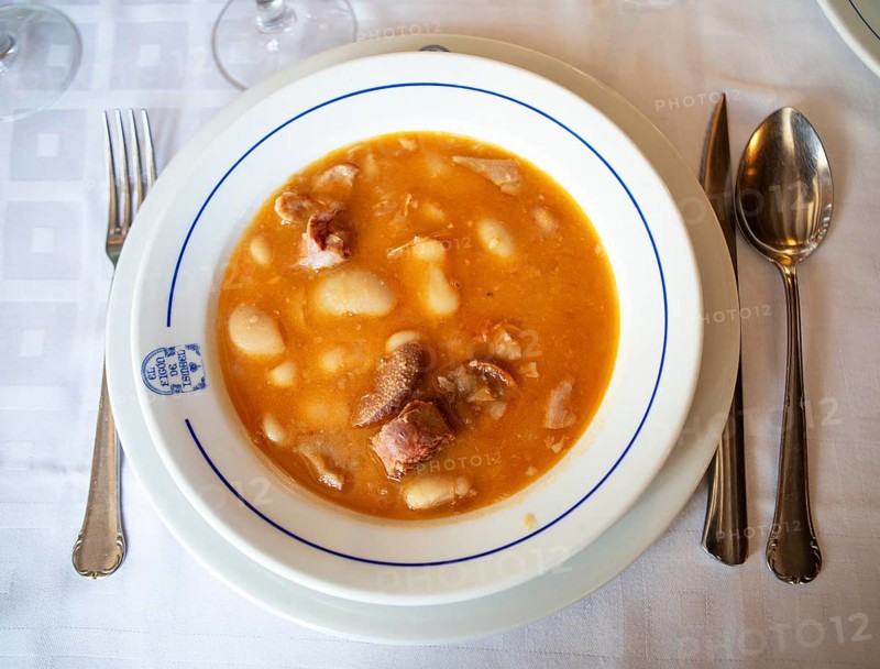 Judiones a la granja, stew of giant beans and sausages, traditional dish in Castile and Leon, Spain, Europe