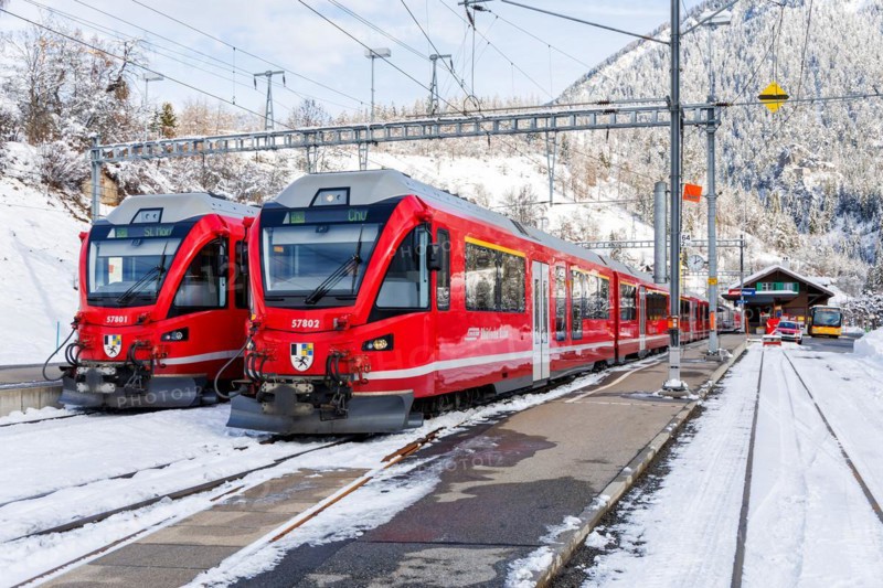 Rhaetian Railway trains on the Albula railway Stadler Rail passenger train at Filisur station, Switzerland, Europe