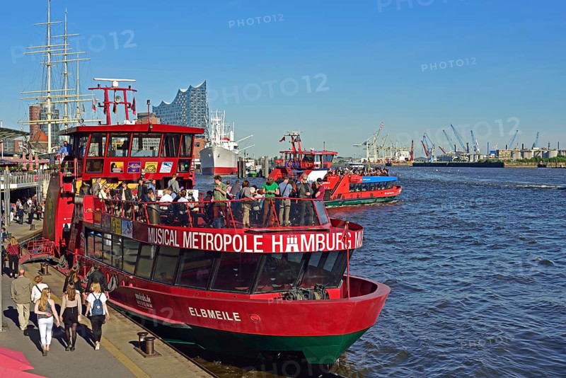 Germany, Hamburg, HafenCity, view to Elbe Philharmonic Hall, Hamburg's new concert hall, glass facade, museum ship Cap San Diego, former cargo ship, harbour ferry Elbmeile with many passengers, Hamburg, Hamburg, Federal Republic of Germany, Europe