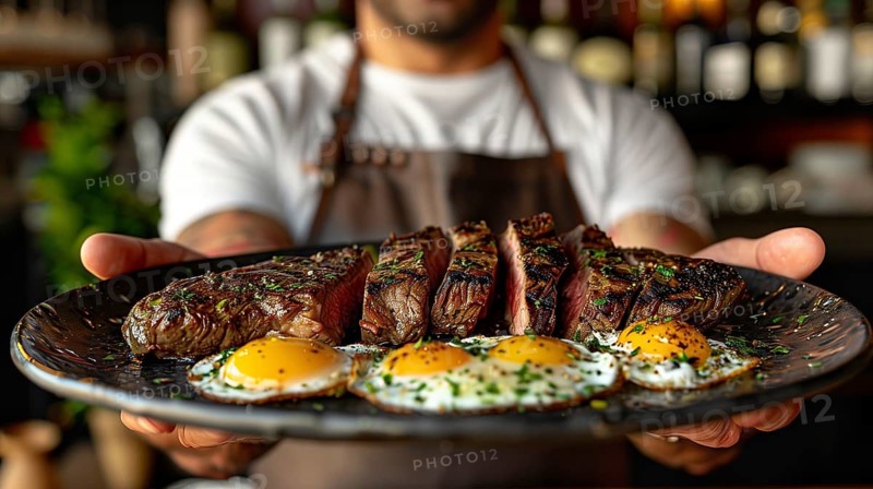Man holding out A plate filled with steak and eggs. generative AI, AI generated
