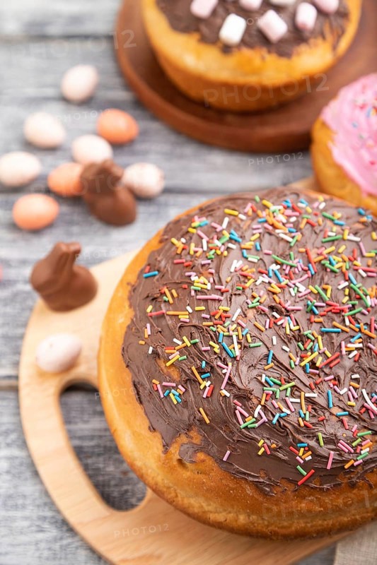 Homemade glazed and decorated easter pies with chocolate eggs and rabbits on a gray wooden background and linen textile. Side view, selective focus, close up