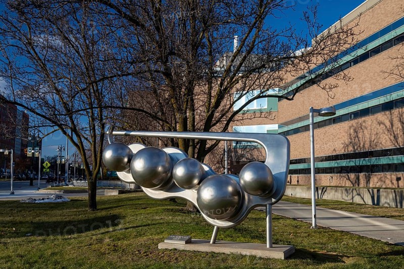 Detroit, Michigan, Artwork on the campus of Wayne State University. The untitled sculpture, by Ed Sykes, is dedicated to Professor Andrzej Olbrot, who was murdered by one of his students during a final exam in 1998