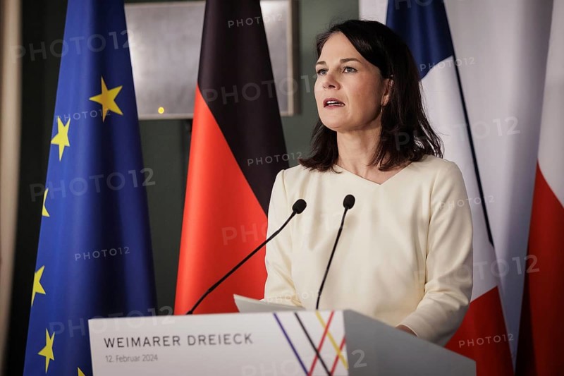 Annalena Bärbock (Alliance 90/The Greens), Federal Foreign Minister, Stephane Sejourne (not pictured), Minister for Europe and Foreign Affairs of the French Republic, and Radoslaw Sikorski (not pictured), Minister for Foreign Affairs of the Republic of Poland, at a joint press conference during the meeting of the Weimar Triangle at the Château de la Celle in La Celle-Saint-Cloud, 12 February 2024. Photographed on behalf of the Federal Foreign Office