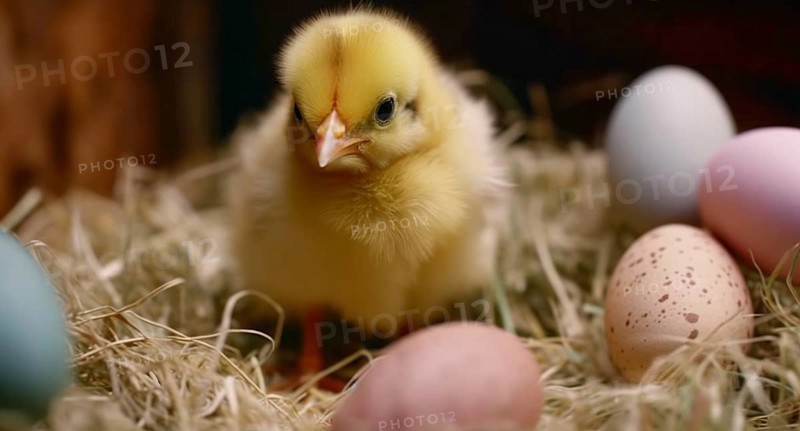 Cute newborn chick next to colorful easter eggs, generative AI, AI generated